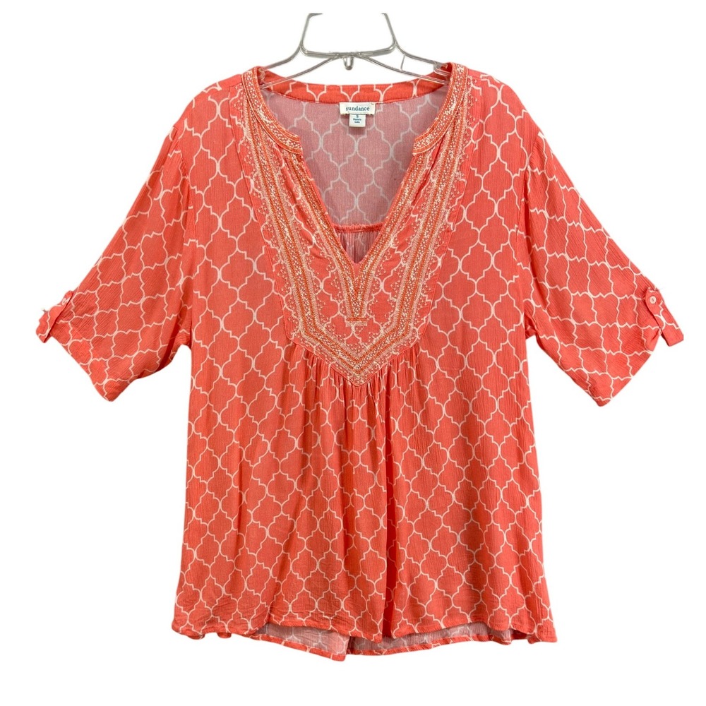 Sundance Shirt Womens Sz S‎ Coral Pink Quatrefoil Embroidered Beaded Tunic